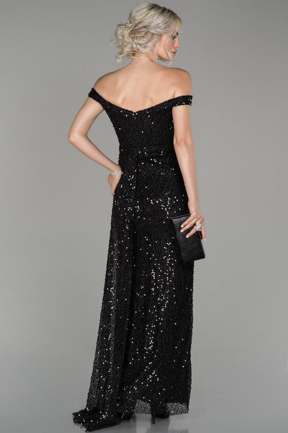 18177b Black Off-Shoulder Sequin Slit Dress