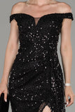 18177b Black Off-Shoulder Sequin Slit Dress