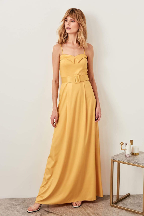 10790b Yellow Shiny Belted Strap Dress