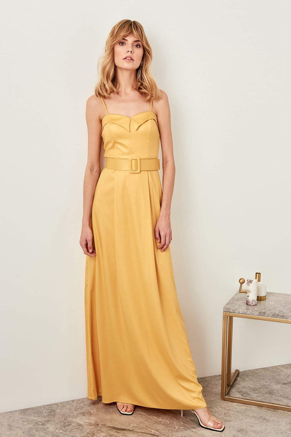 10790b Yellow Shiny Belted Strap Dress