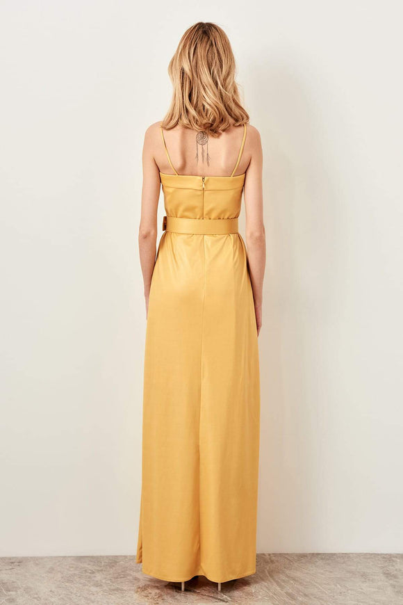 10790b Yellow Shiny Belted Strap Dress