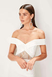 5003b Ecru Off-Shoulder Lace Waist Evening Dress