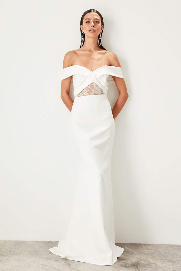 5003b Ecru Off-Shoulder Lace Waist Evening Dress