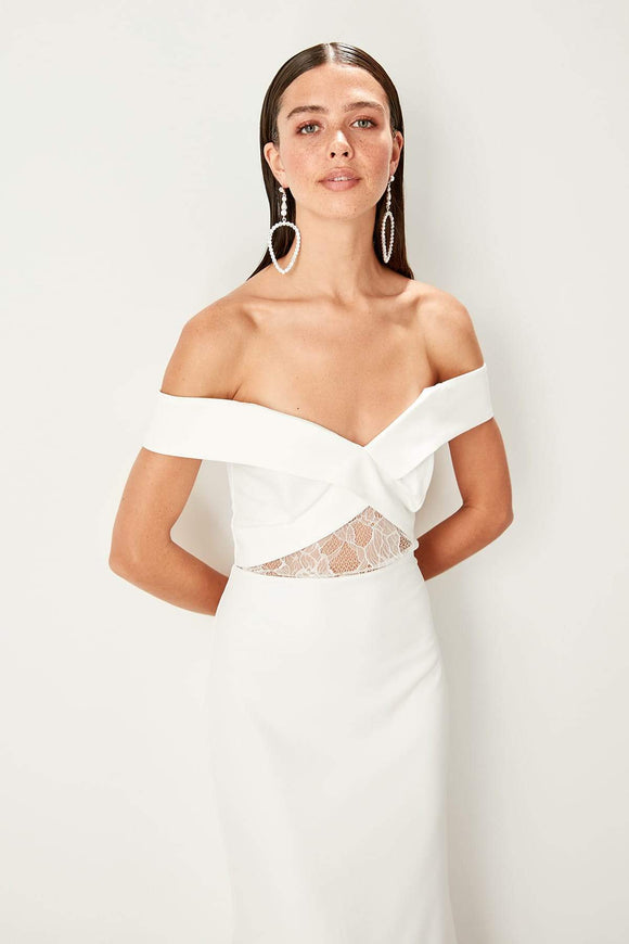 5003b Ecru Off-Shoulder Lace Waist Evening Dress