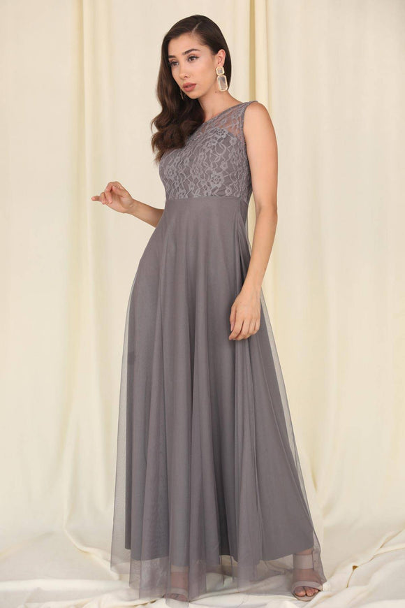 8552b Grey Lace Tulle Dress