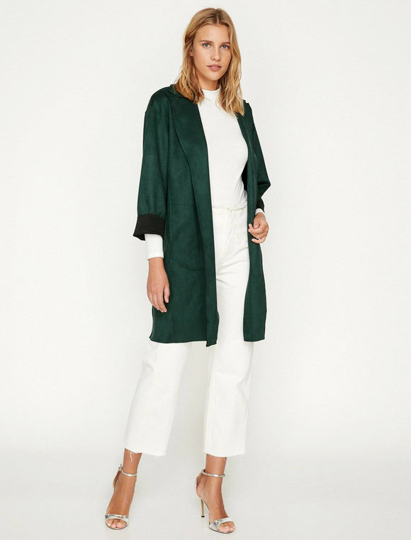 3645b Emerald Green Suede Look Raw Hem Coat