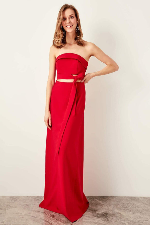 18178b Red Cutout Waist Strapless Dress
