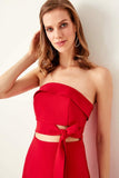 18178b Red Cutout Waist Strapless Dress