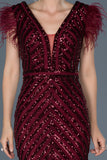 16076 burgundy feather detail sequined dress