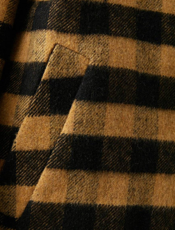 18619 Check Wool Blend Hooded Coat - Black & Camel