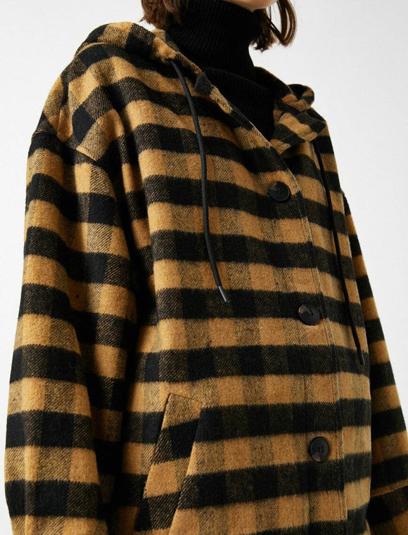 18619 Check Wool Blend Hooded Coat - Black & Camel