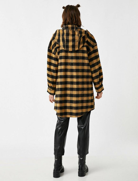 18619 Check Wool Blend Hooded Coat - Black & Camel