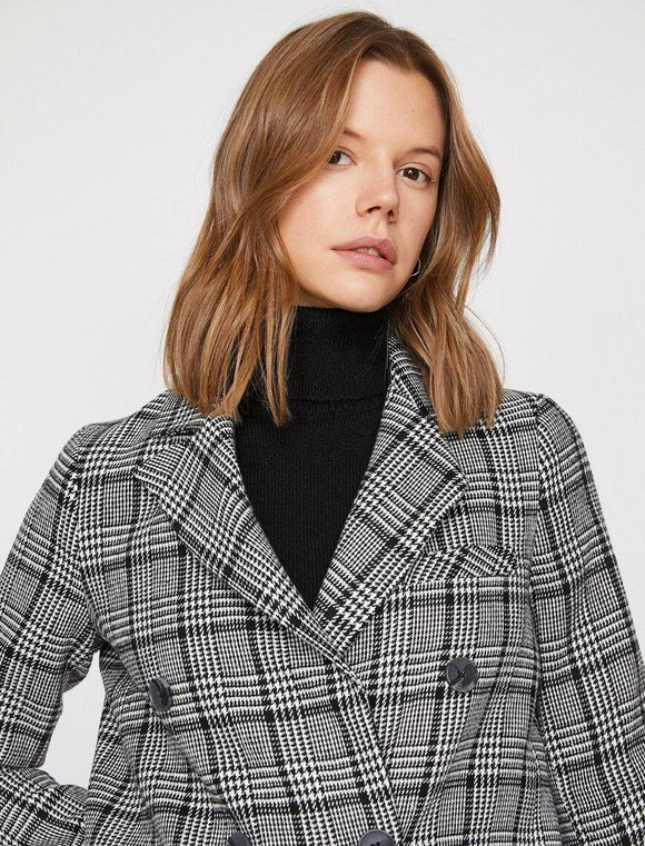 18633 Double Breasted Check Coat - Black & White
