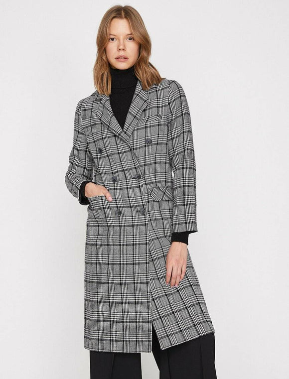 18633 Double Breasted Check Coat - Black & White