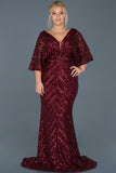 14035 Burgundy Batwing Sleeves Sequins Mermaid Dress