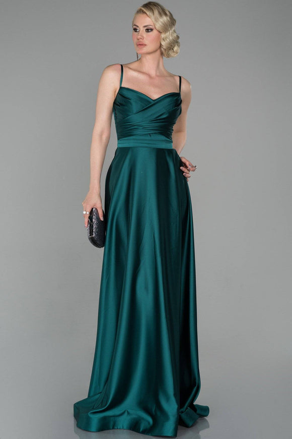 19187 Emerald Green Draped Satin Strap Dress