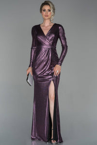 19211 Purple Metallic Draped Slit Dress