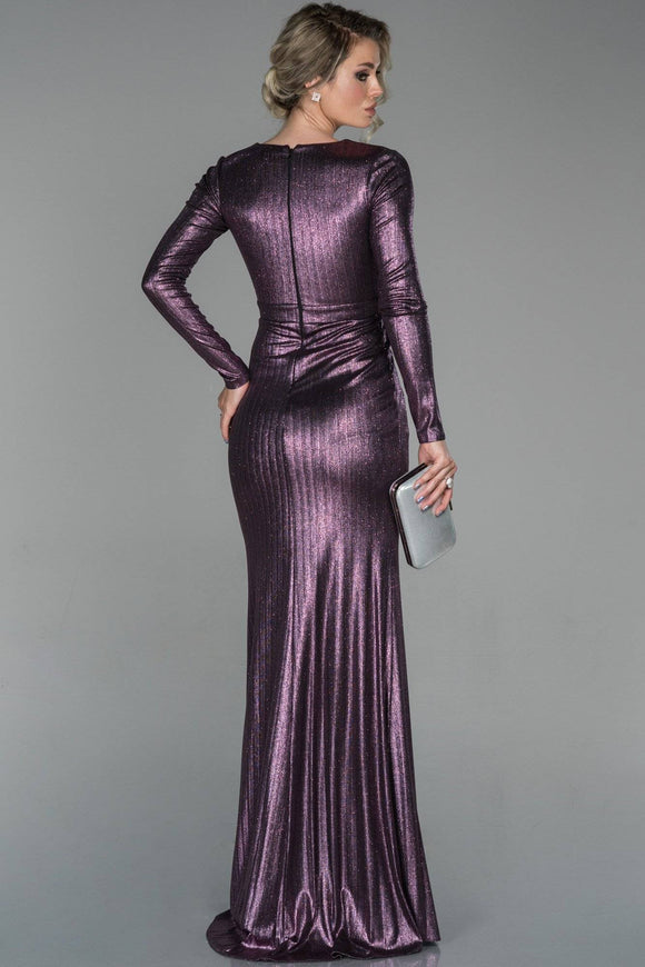 19211 Purple Metallic Draped Slit Dress