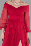 19213 Red Off-Shoulder Balloon Sleeve Slit Dress