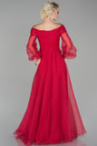 19213 Red Off-Shoulder Balloon Sleeve Slit Dress