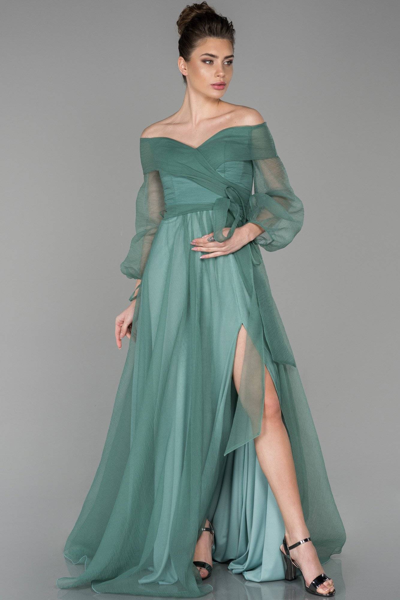 81219214 Mint Green Off-Shoulder Balloon Sleeve Slit Dress | AMP 81219214 Mint Green Off-Shoulder Balloon Sleeve Slit Dress | AMP