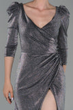 19361 Grey-Silver Puff Sleeve Shimmer Slit Dress