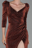 19362 Copper Capri Puff Sleeve Shimmer Slit Dress