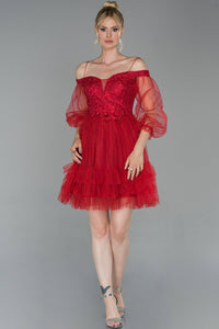 19400 Red Off-Shoulder Sheer Sleeve Tulle Dress