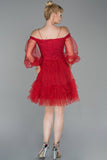 19400 Red Off-Shoulder Sheer Sleeve Tulle Dress