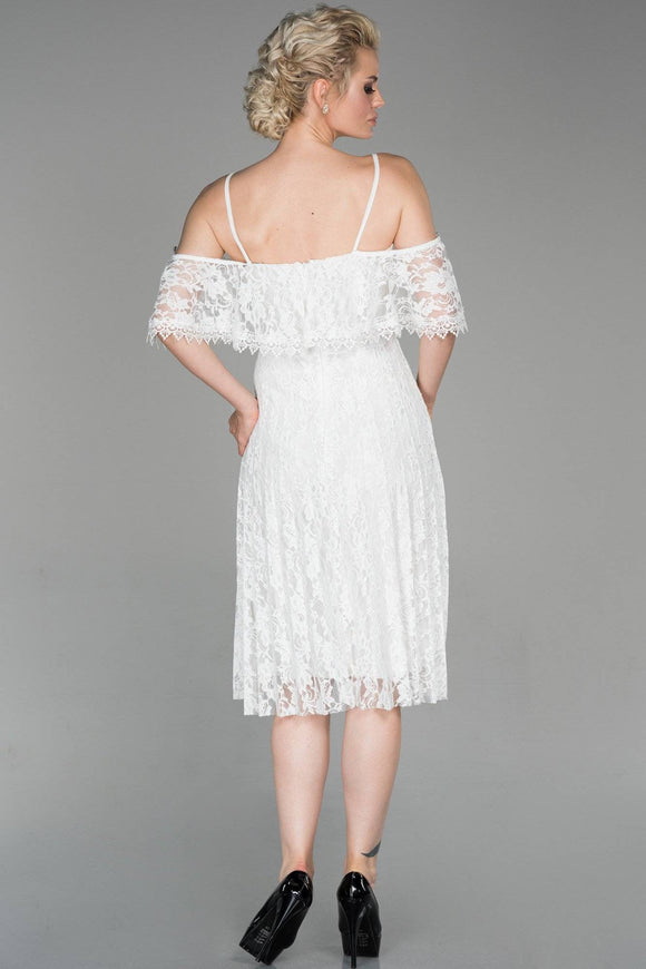 19439 Ecru Off-Shoulder Pleated Lace Dress