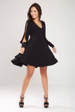 7200123b Black Sleeve Cutout Flare Dress
