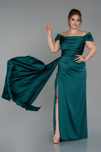 19473 Emerald Green Off-Shoulder Draped Slit Satin Dress
