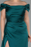 19473 Emerald Green Off-Shoulder Draped Slit Satin Dress