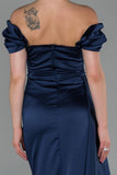 19476 Navy Blue Off-Shoulder Draped Slit Satin Dress