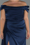 19476 Navy Blue Off-Shoulder Draped Slit Satin Dress
