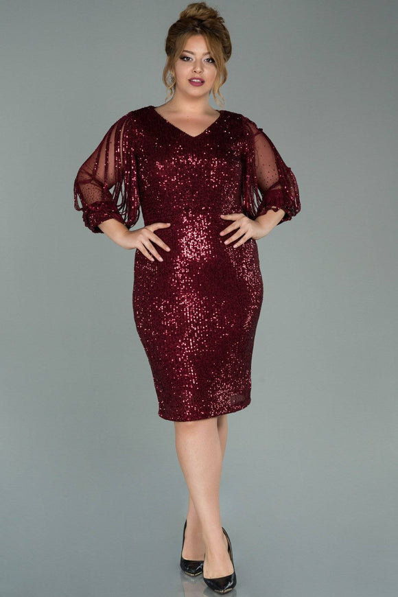 19628 Burgundy Shredded Sleeve Sequins Dress