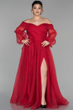 19960 Red Off-Shoulder Sheer Sleeve Slit Dress
