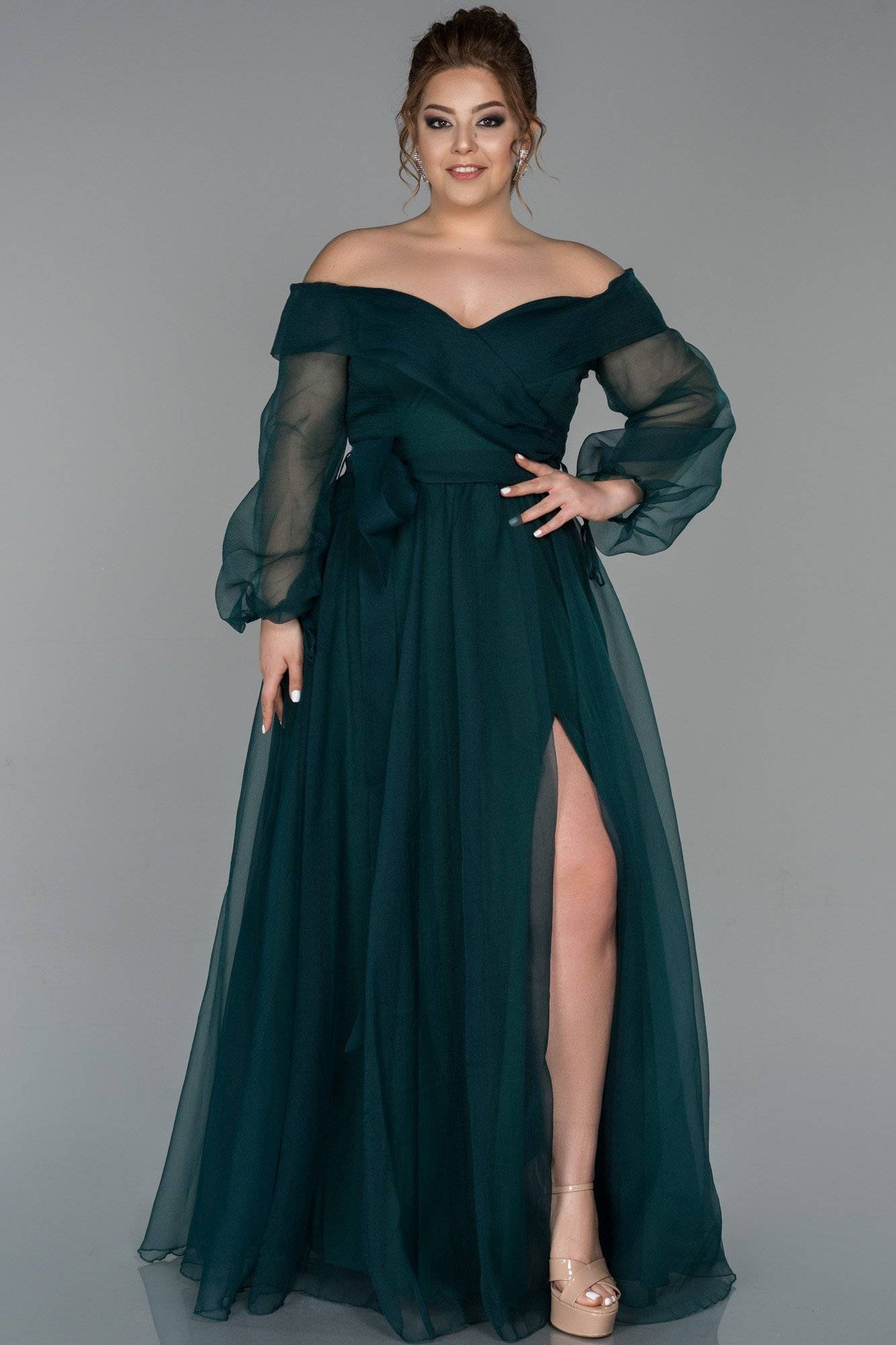 79619962 Emerald Green Off-Shoulder Sheer Sleeve Slit Dress | AMP 79619962 Emerald Green Off-Shoulder Sheer Sleeve Slit Dress | AMP