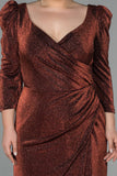 19969 Copper Puff Sleeve Shimmer Slit Dress