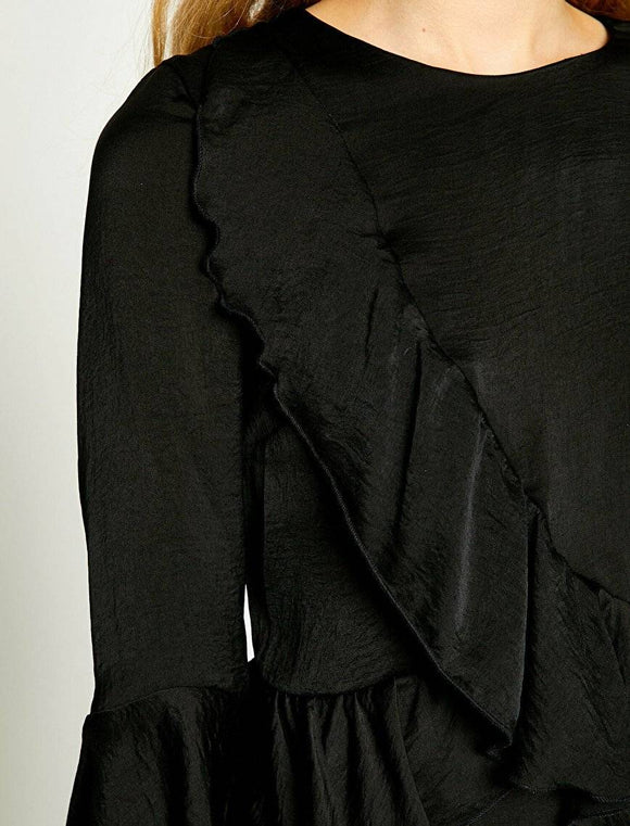 20010 Frill Detailed Shiny Dress - Black