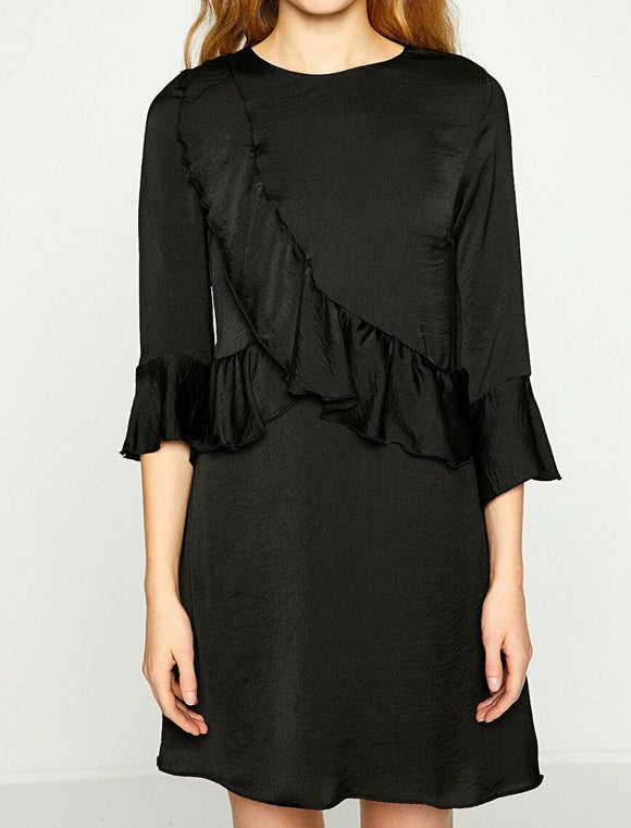 20010 Frill Detailed Shiny Dress - Black