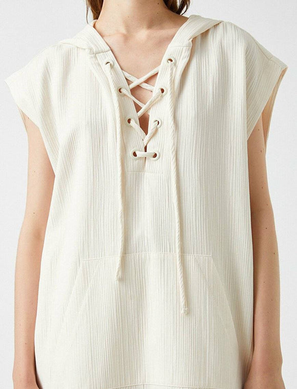 20017 Sleeveless Hooded Cotton Slit Dress - Ecru
