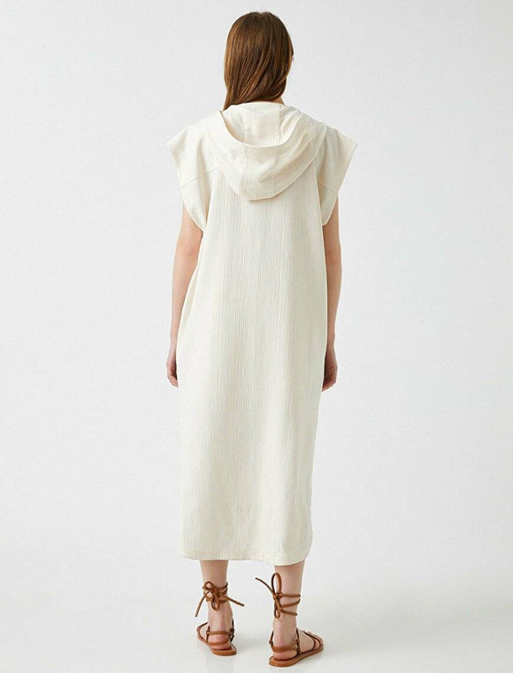 20017 Sleeveless Hooded Cotton Slit Dress - Ecru
