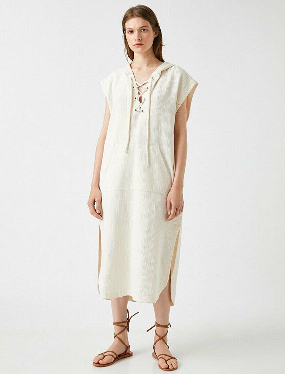 20017 Sleeveless Hooded Cotton Slit Dress - Ecru