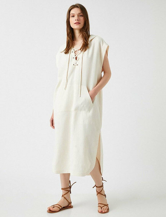 20017 Sleeveless Hooded Cotton Slit Dress - Ecru