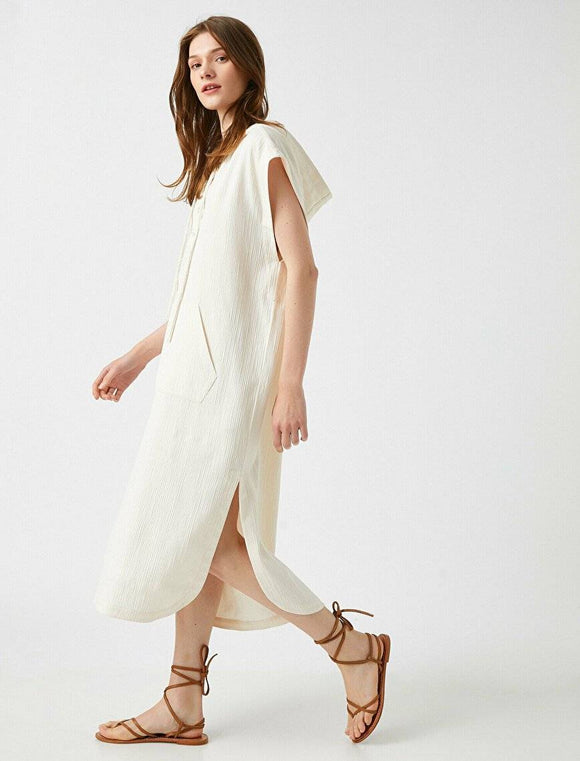 20017 Sleeveless Hooded Cotton Slit Dress - Ecru