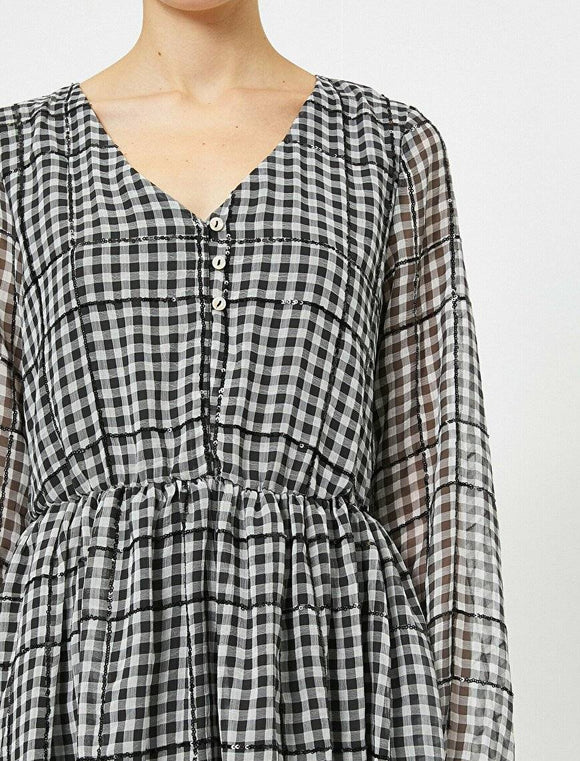 20020 Sheer Sleeve Check Dress - Black