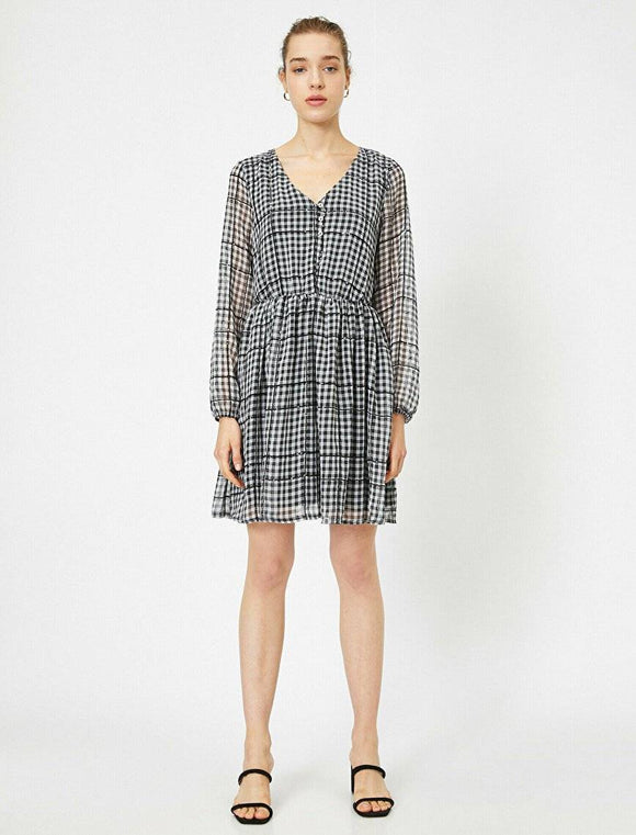 20020 Sheer Sleeve Check Dress - Black
