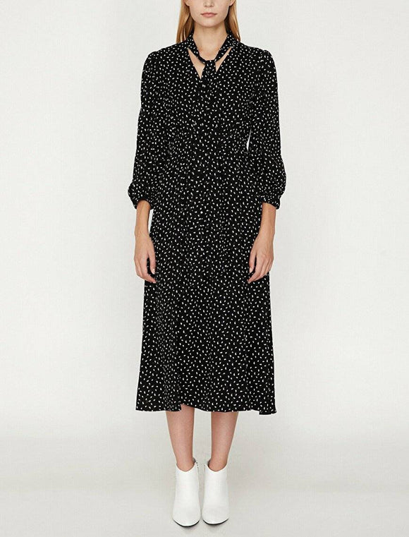 20022 Printed Tie Neck Dress - Black