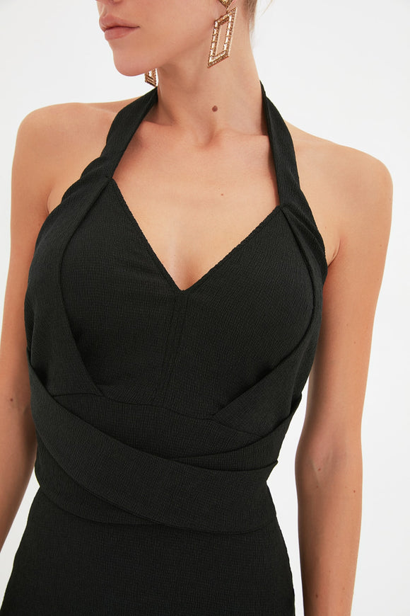 20520b Black Draped Waist Halter Bodycon Dress